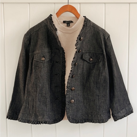 Sandro Denim Ruffle Jacket Tweed Pattern Women’s Petite Large Quiet Luxury - Picture 2 of 16